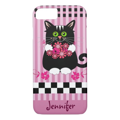 Cute Cat with Flowers  Custom Name iPhone 87 Case