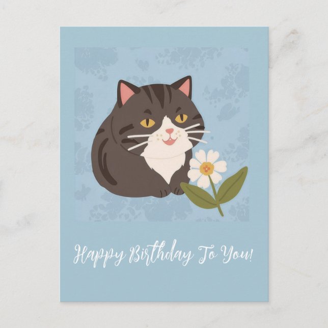 Cute Cat with Flowers Happy Birthday Personalized Holiday Postcard (Front)