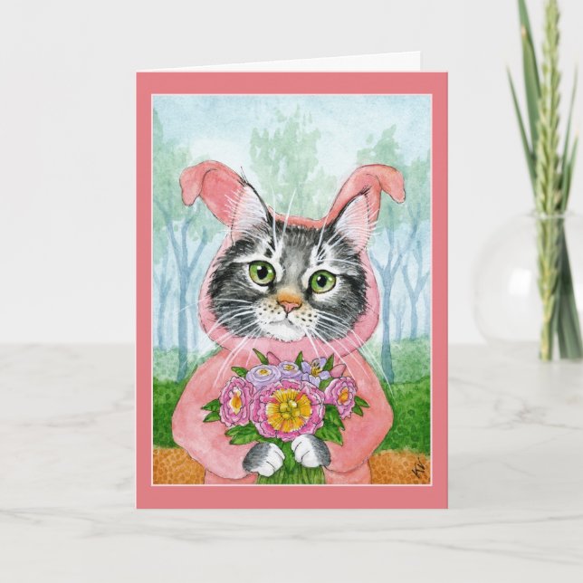 Cute Cat with flowers in bunny suit card (Front)
