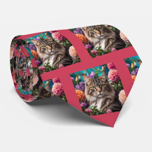 Cute Cat with Flowers Painting Neck Tie