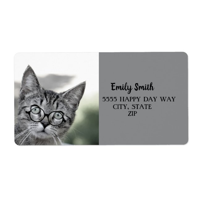 Cute Cat with Glasses Gray Address Label (Front)