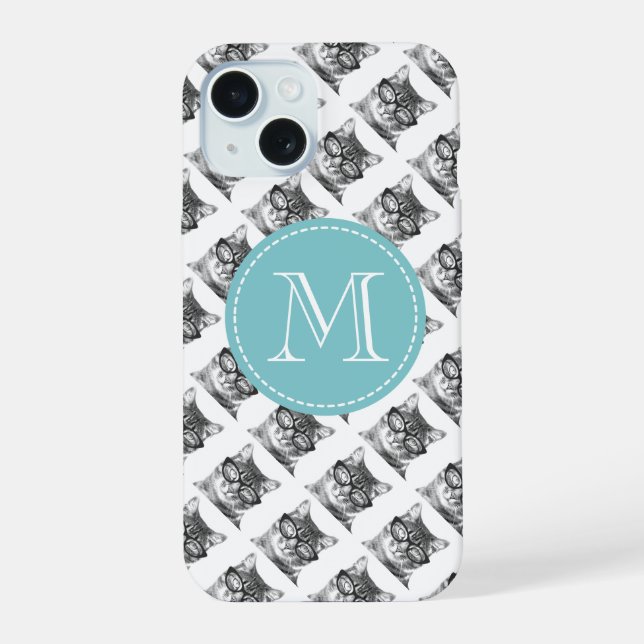 Cute cat with glasses pattern custom monogram iphone case (Back)