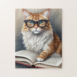 Cute Cat with Glasses Reading a Book