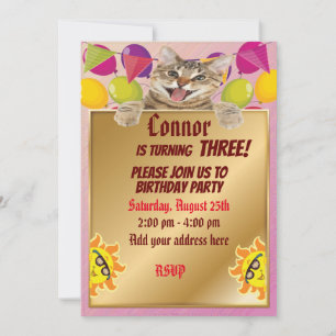 Cute cat with gold and fun suns invitation