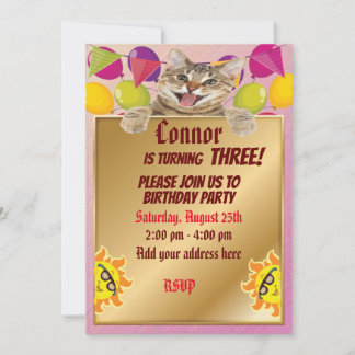 Cute cat with gold and fun suns invitation