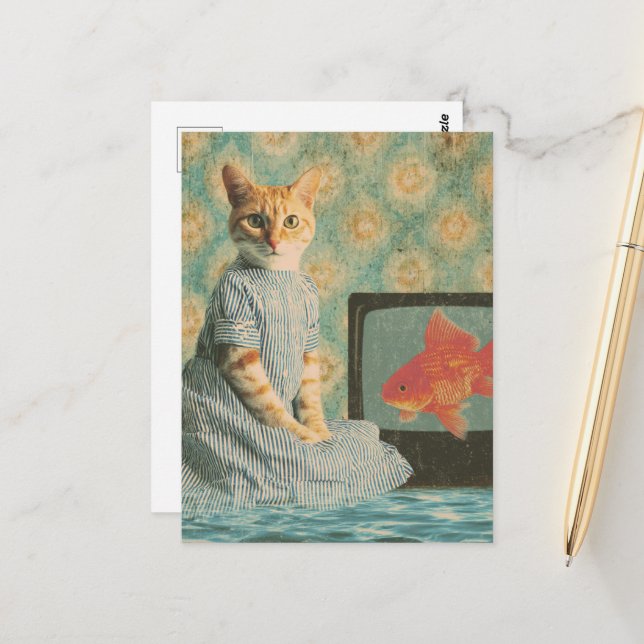 Cute Cat With Goldfish on TV Retro Collage Postcard (Front/Back In Situ)