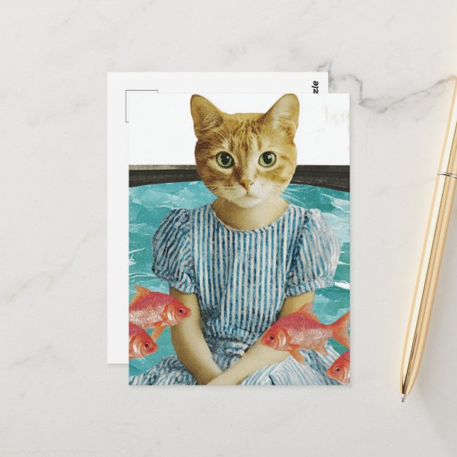 Cute Cat With Goldfish Retro Collage Postcard (Front/Back In Situ)