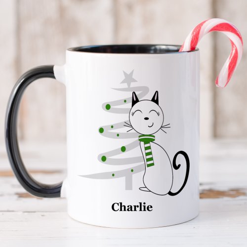 Cute Cat with Green Scarf Christmas Mug