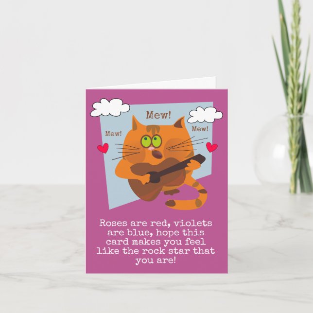 Cute Cat With Guitar Rock Star Thinking Of You Card (Front)