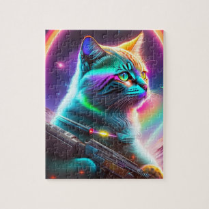 Cute Cat With Gun, Futuristic Sci-Fi Astronaut Cat Jigsaw Puzzle