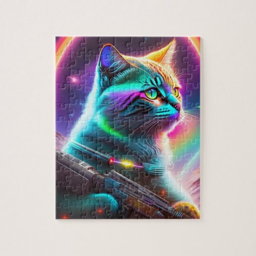 Cute Cat With Gun Futuristic Sci_Fi Astronaut Cat Jigsaw Puzzle