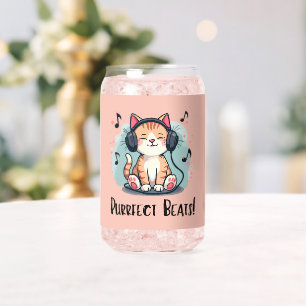 Cute Cat with Headphones Kawaii Music Lover Art Can Glass