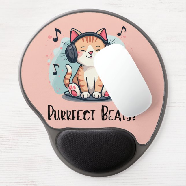 Cute Cat with Headphones Kawaii Music Lover Art Gel Mouse Pad (Left Side)