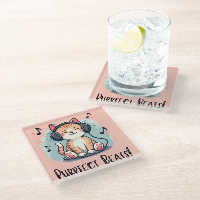 Cute Cat with Headphones Kawaii Music Lover Art Glass Coaster (Angled)