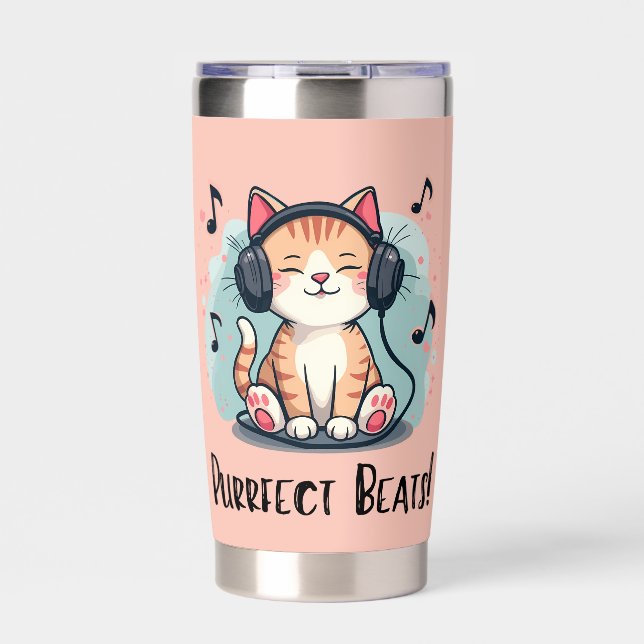 Cute Cat with Headphones Kawaii Music Lover Art Insulated Tumbler (Front)