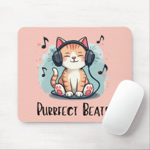 Cute Cat with Headphones Kawaii Music Lover Art Mouse Pad