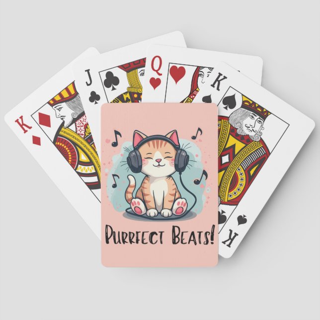 Cute Cat with Headphones Kawaii Music Lover Art Poker Cards (Back)