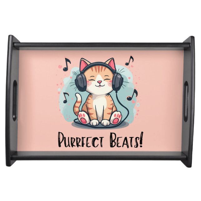 Cute Cat with Headphones Kawaii Music Lover Art Serving Tray (Front)