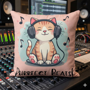 Cute Cat with Headphones Kawaii Music Lover Art Throw Pillow