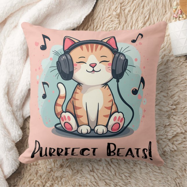 Cute Cat with Headphones Kawaii Music Lover Art Throw Pillow (Blanket)