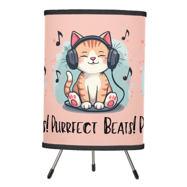 Cute Cat with Headphones Kawaii Music Lover Art Tripod Lamp (Front)