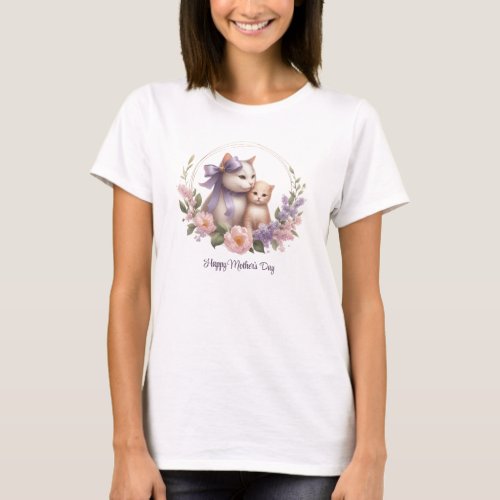 Cute cat with her kitty and lilac Mothers Day T_Shirt