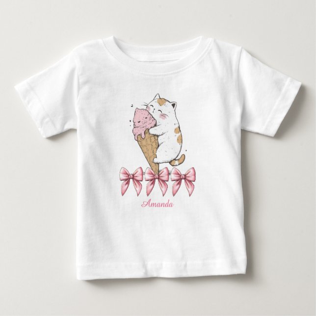 Cute Cat with Ice Cream and name T-Shirt (Front)