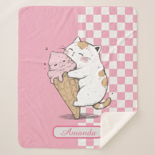 Cute Cat with Ice Cream Cone Sherpa Blanket