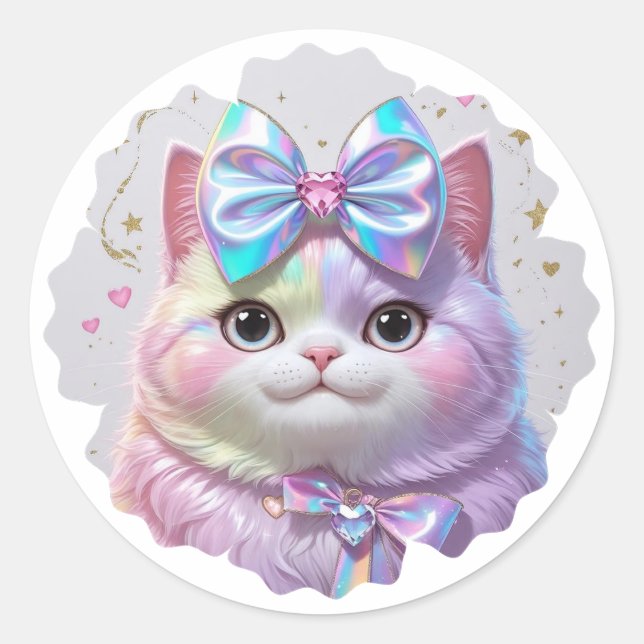 Cute Cat with iridescent bow Classic Round Sticker (Front)