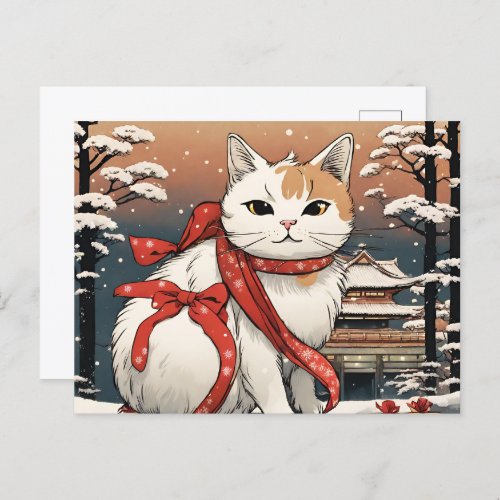 cute cat with japanese temple for cat lovers postcard