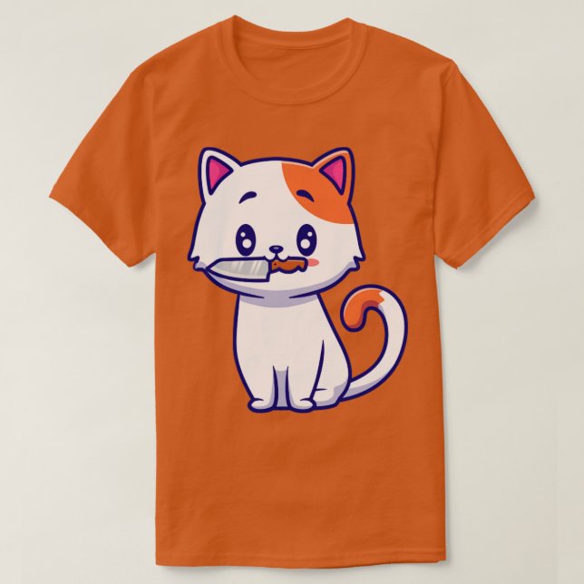 Cute Cat With Knife Cartoon T-Shirt (Design Front)