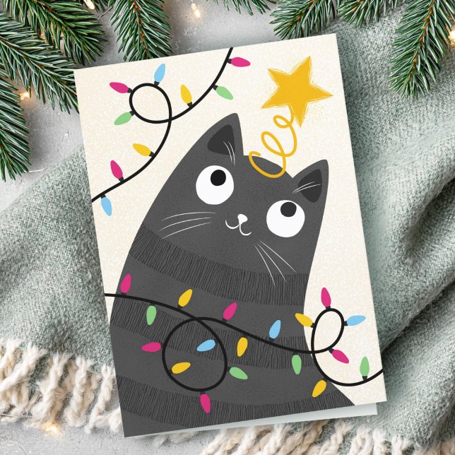 Cute cat with lights and tree-topper Christmas Holiday Card (Cute cat with lights and tree-topper Christmas Holiday Card)