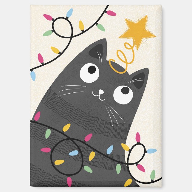 Cute cat with lights and tree-topper Christmas Magnet (Front)
