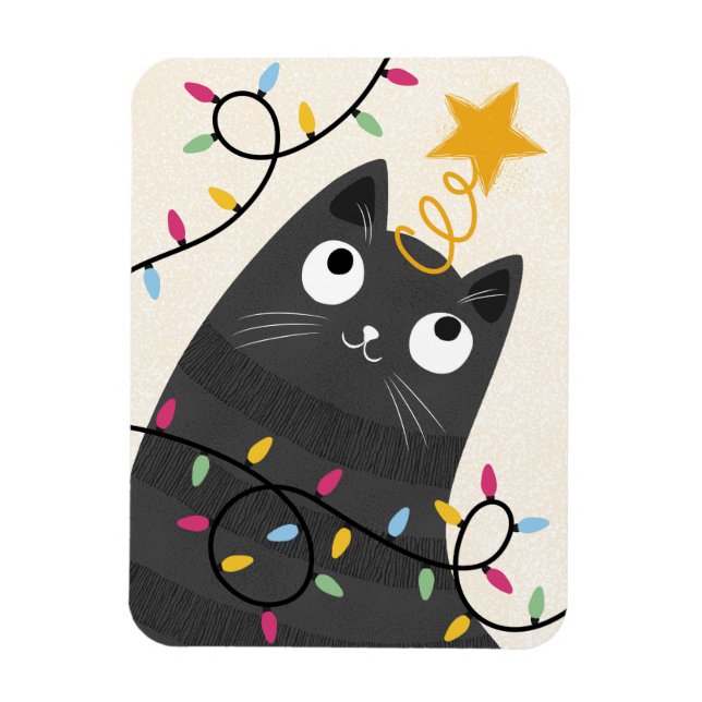 Cute cat with lights and tree-topper Christmas Magnet (Vertical)