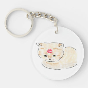 Cute Cat With Lipstick Kiss Mark Hand Drawn Art Keychain