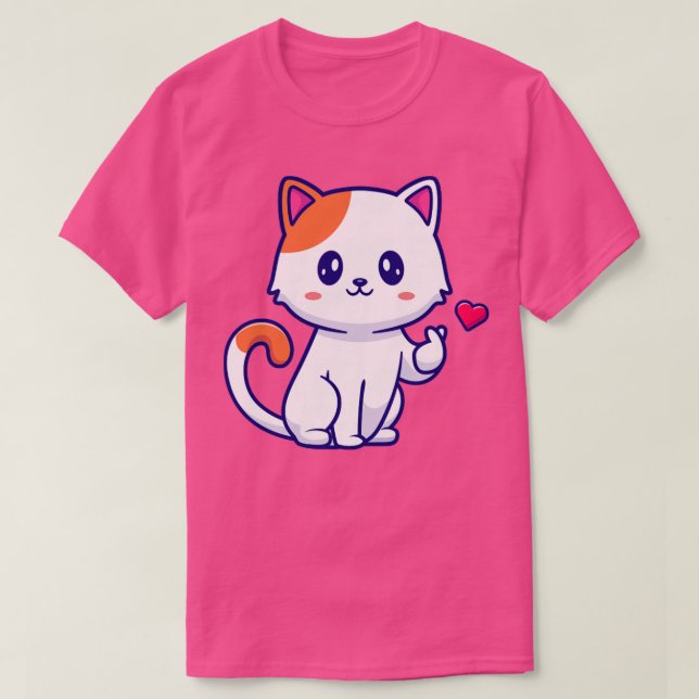 Cute Cat With Love Sign Hand Cartoon T-Shirt (Design Front)