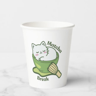 Cute cat with matcha drink Paper Cups
