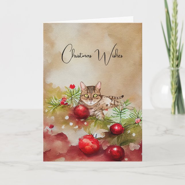 Cute Cat with Ornaments Christmas Card (Front)