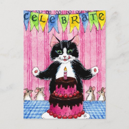 Cute cat with pink celebrate cake postcard