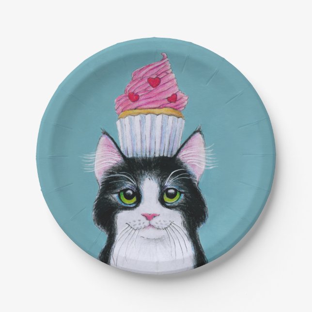 Cute Cat with Pink Cupcake Paper Plates (Front)