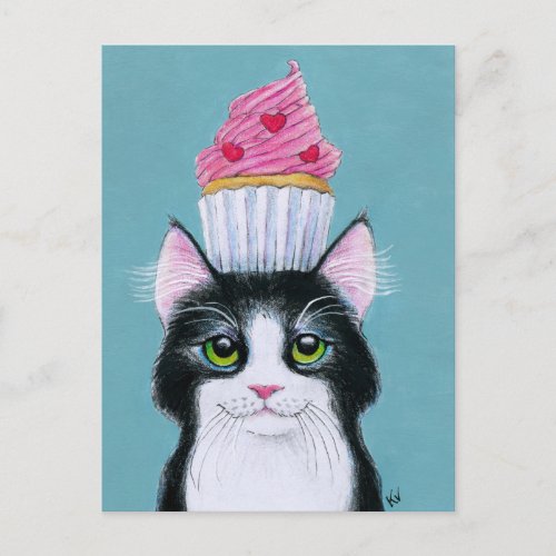 Cute cat with pink cupcake postcard