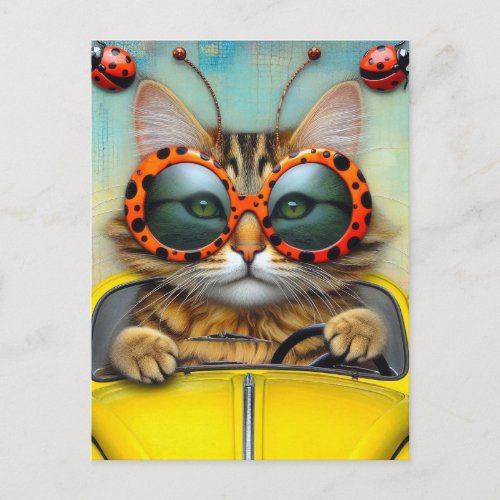 Cute Cat with Polka Dot Sunglasses Driving Car Postcard