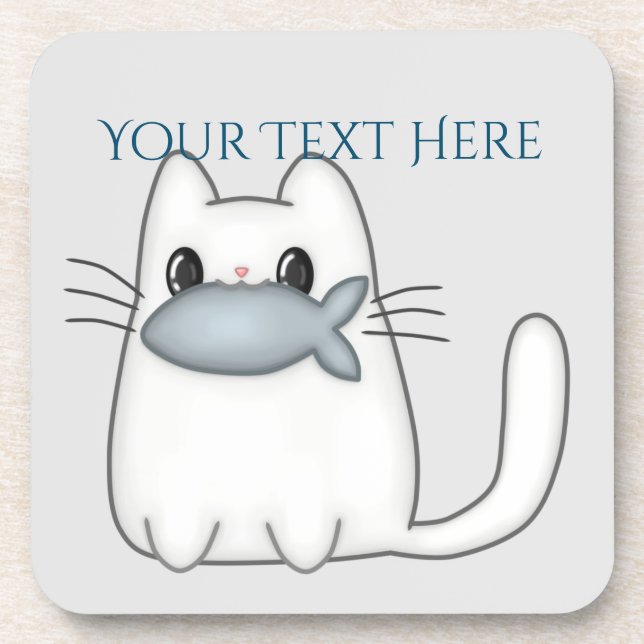 Cute Cat with Prize Fish Beverage Coaster (Front)