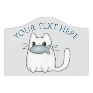Cute Cat with Prize Fish Door Sign