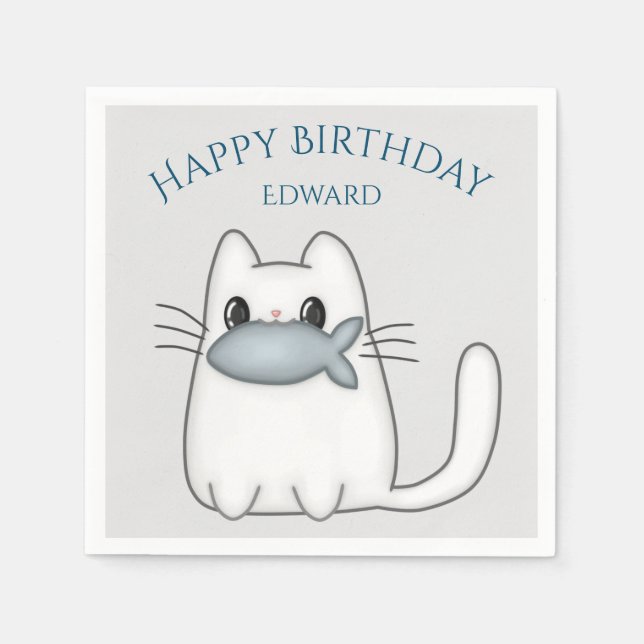 Cute Cat with Prize Fish Napkins (Front)