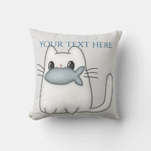 Cute Cat with Prize Fish Throw Pillow