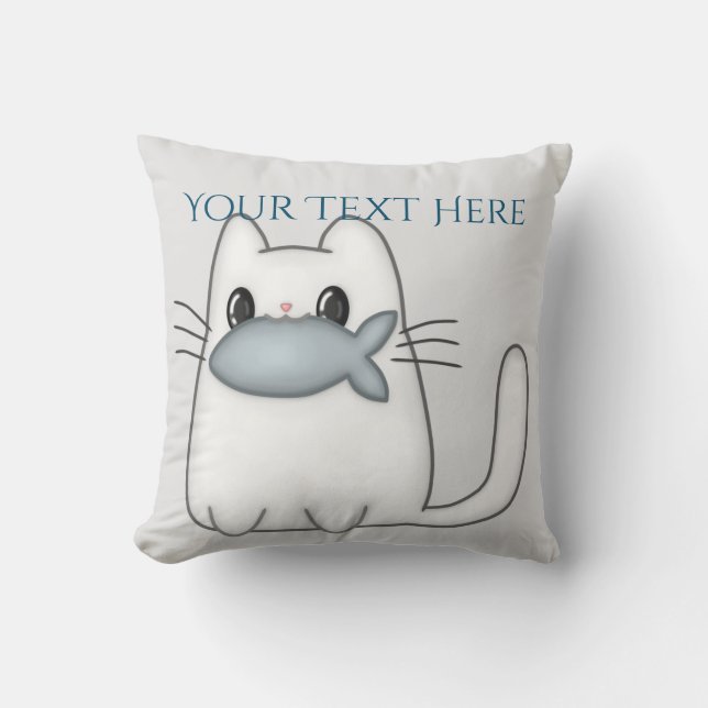 Cute Cat with Prize Fish Throw Pillow (Front)