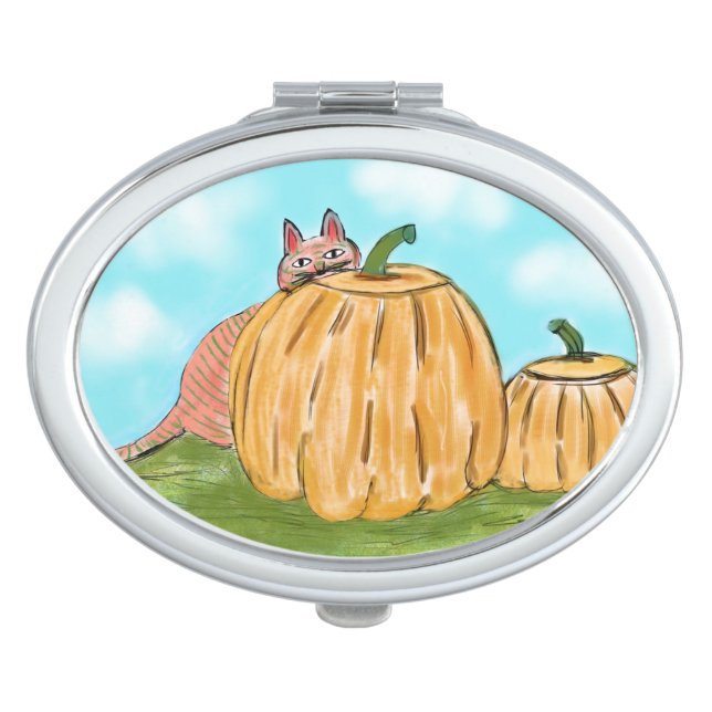 Cute Cat With Pumpkins Compact Mirror (Front)