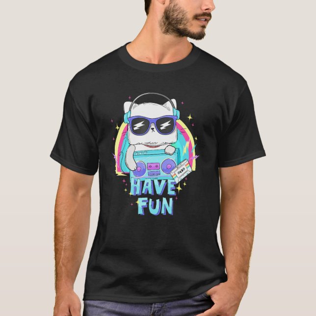 Cute Cat With Radio Tape Have Fun  Cool  1 T-Shirt (Front)