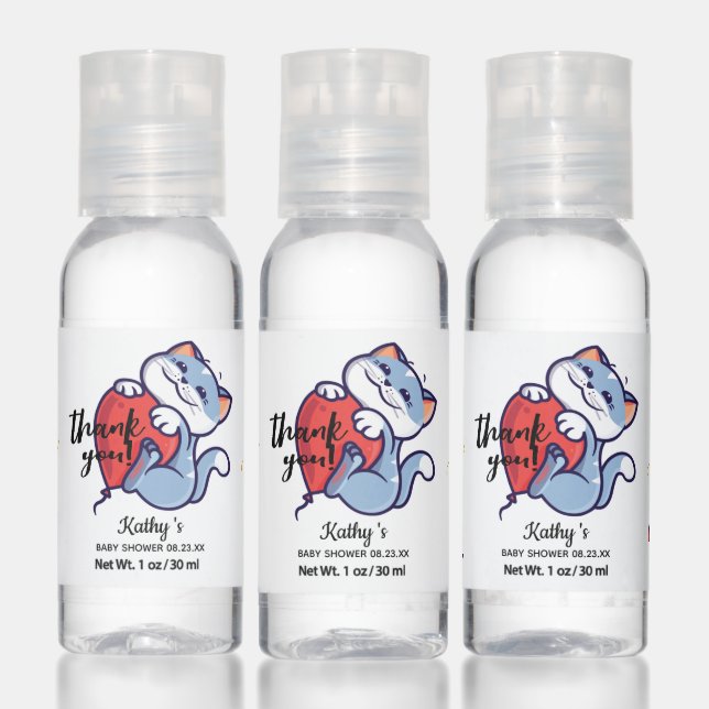 Cute Cat with Red Balloon Thank You Baby Shower Hand Sanitizer (Set)